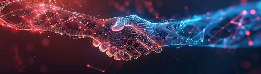 Digital handshake symbolizing a partnership in technology, with glowing lines and connections on a dark background.