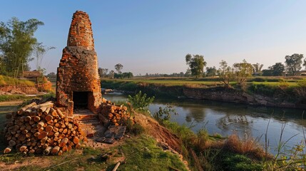 Clay brick kiln powered by wood next to a river