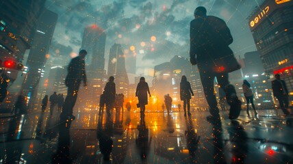 People walking in a futuristic city with digital effects overlay