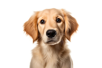Fototapeta premium Cute Golden Retriever Terrier puppy looking at camera. Head close-up portrait of Golden Retriever Terrier dog. White Isolated background. Generative AI