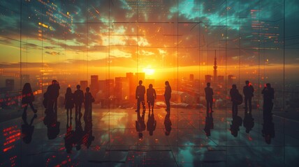 Silhouettes of people in a digital cityscape with holographic interface at sunset
