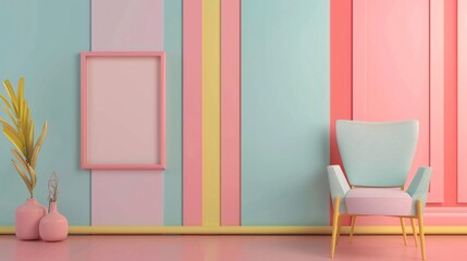 Pastel multi-color vibrant groovy retro striped background wall frame with a bright armchair decor
