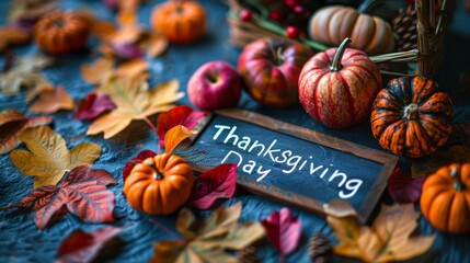 Thanksgiving Day Table Setting With Pumpkins and Fall Leaves