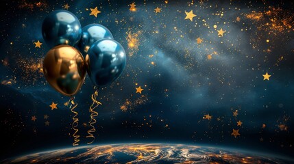 Blue And Gold Balloons With Stars On A Dark Blue Background