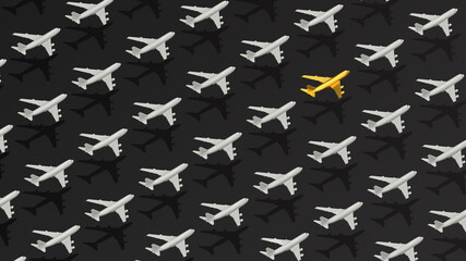 Trendy and stylish rich white airplane pattern with one gold airplane made with 3d illustration on dark background. Minimal travel rewards concept.
