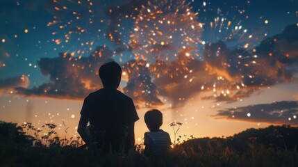 Father And Son Watching Fireworks At Sunset In A Field