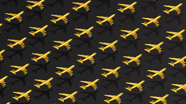 Trendy and stylish rich gold airplane pattern made with 3d illustration on dark background. Minimal travel concept.