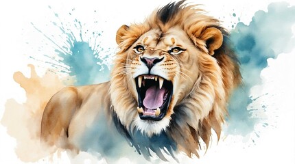 illustration of a lion roaring with a watercolor background