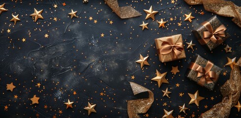 Gold and Black Wrapped Gifts With Starry Background