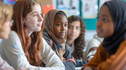 a close-up image of students of different ethnic backgrounds engaged in a classroom discussion about social justice, with posters and resources highlighting key concepts, Education