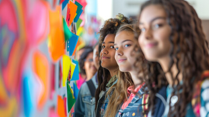 a detailed image of a diverse group of students participating in a school event promoting cultural understanding and equality, with educational posters and activities, Social equal