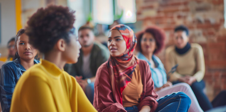 a  of a community meeting with people of various racial and ethnic backgrounds engaging in a discussion about social equality and human rights, Social equality, Actio