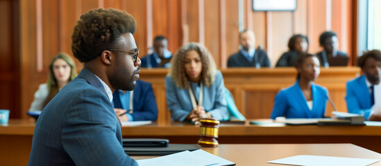 a  of a courtroom scene with a lawyer presenting a case on behalf of a victim of racial discrimination, while the judge and jury listen intently, Legal support, advoc