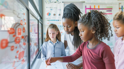 a detailed image of a teacher guiding a group of students through an activity focused on understanding and combating racial bias, with educational charts and diagrams in the backgr