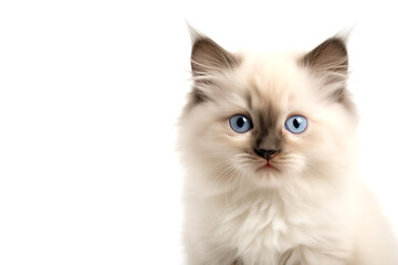 Cute ragdoll looking at camera. Head close-up portrait of ragdoll cat. White Isolated background. Generative AI