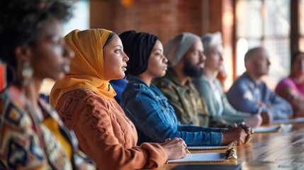 Obraz premium a of a community workshop on legal rights, with a diverse group of participants learning about their rights and how to address racial discrimination, Legal support,