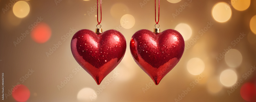 Wall mural Two red shining hearts
on a golden background. Romantic and love concept. valentine's day. Festive background design for greeting card decoration, banner with copy space