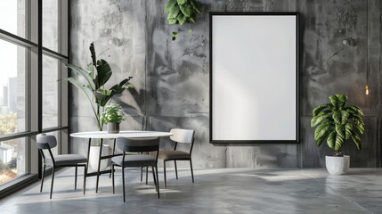 Blank white poster in black picture frame on wall with Clean meeting room, 3D rendering, mock up	