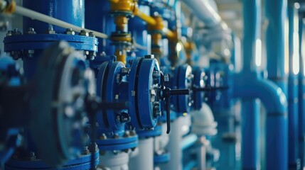 A collection of pipes and valves installed in a room