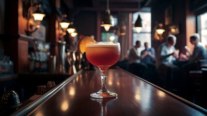Cocktail with orange on the bar counter in a pub