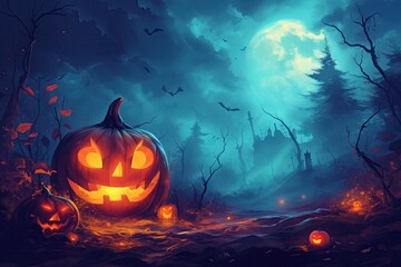 Halloween Wallpaper Painting, Spooky Fun Backdrop Illustration, Creepy Haunted Background Art, Trick or Treating Event Design, October Autumn Holiday Concept Artwork