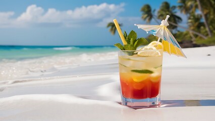 Obraz premium Cocktail with lemon mint and ice on the beach