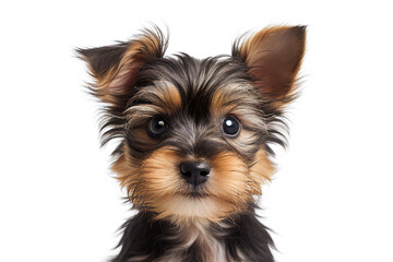 Cute Yorkshier terrier puppy looking at camera. Head close-up portrait of Yorkshier terrier dog. White Isolated background. Generative AI