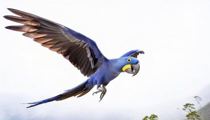 hyacinth macaw - Anodorhynchus hyacinthinus -  is a parrot native to central and eastern South America.  Its feathers are entirely blue, lighter above. isolated on white background