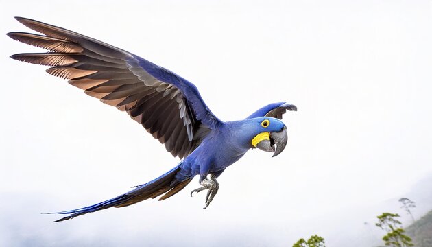hyacinth macaw - Anodorhynchus hyacinthinus -  is a parrot native to central and eastern South America.  Its feathers are entirely blue, lighter above. isolated on white background