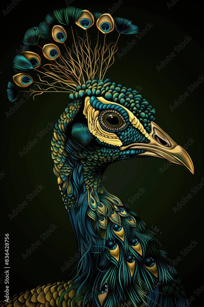 Poster a colorful peacock with its distinctive crest of feathers on its head, often used for ornamental or 