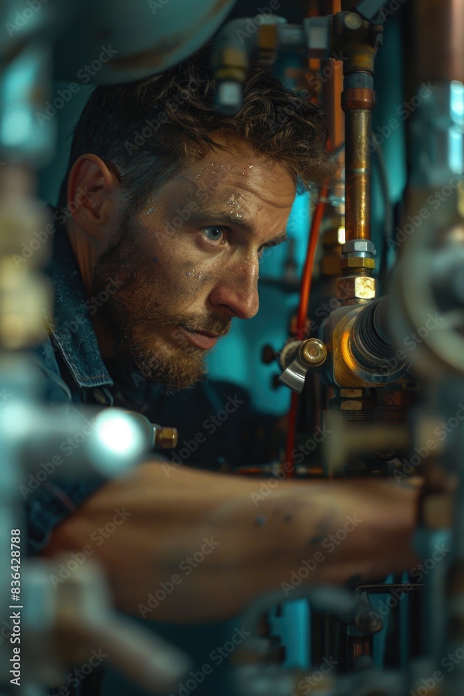 Aufkleber A man works on a machine in a factory, one phrase about the scene and another phrase suggesting potential uses for the image