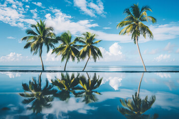 Reflections of palm trees in a calm pool of water near the beach