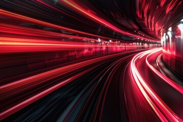A train moving into a dark and narrow tunnel, with bright lights ahead