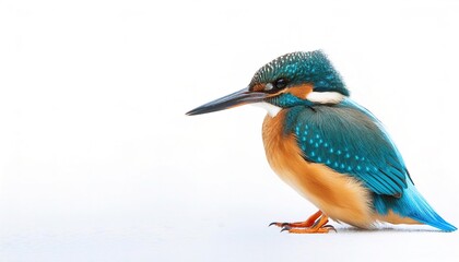 Obraz premium common, Eurasian or river kingfisher - Alcedo ispida - has blue green upper parts, orange underparts and a long bill. It feeds mainly on fish, caught by diving. isolated on white background