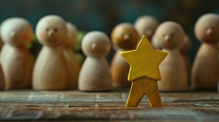 A wooden figure standing among other wooden people, ideal for use in illustrations or designs where a wooden theme is desired