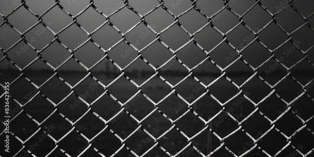 Poster a close-up view of a chain link fence in black and white