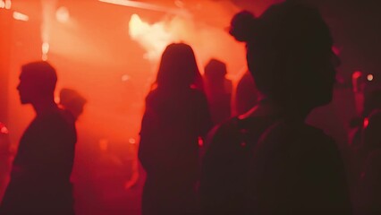 Underground music club. People partying and dancing in disco at night. Bloody disco party. Weird feel girl dance. Underground culture lifestyle. Young cool female moves with strange red luminescence. 