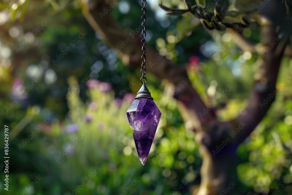 Poster a purple crystal hangs from a tree branch in a natural setting