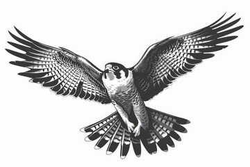 Fototapeta premium A detailed black and white illustration of a bird of prey in mid-flight, suitable for use as an icon or decorative element