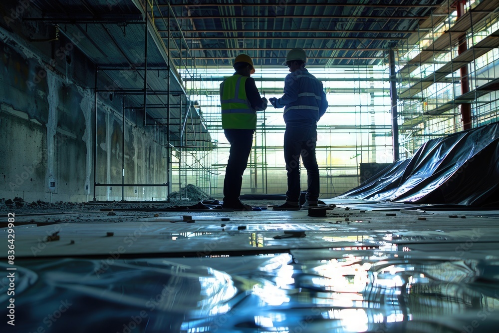Poster two construction workers standing in a large building