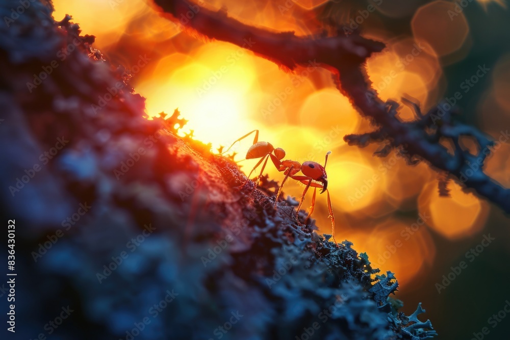 Poster A detailed shot of a bug perched on a tree branch, highlighting its tiny features and the texture of the branch