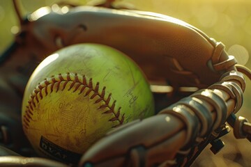 A close-up shot of a baseball sitting snugly in a leather glove