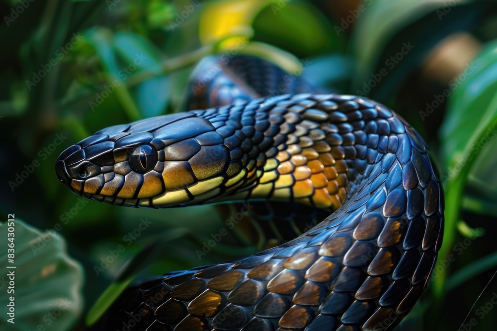 Poster a close-up shot of a snake's head and neck, highlighting its scaly texture and menacing gaze
