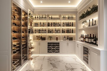 A sophisticated wine cellar with white shelving and soft lighting, displaying an extensive collection of fine wines. Interior background, house model
