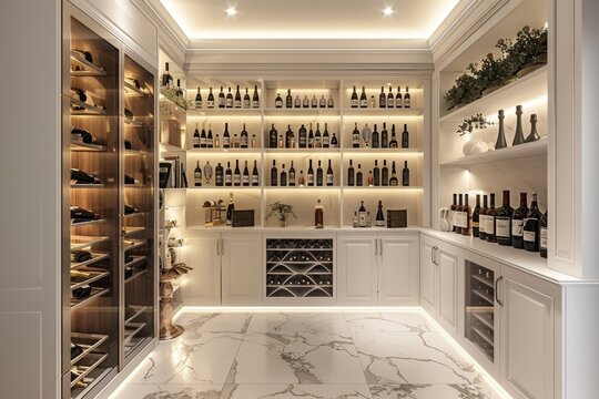 A sophisticated wine cellar with white shelving and soft lighting, displaying an extensive collection of fine wines. Interior background, house model