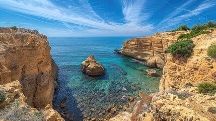 Rocky coast made of sandstone clear sky blue ocean horizon and ocean bay