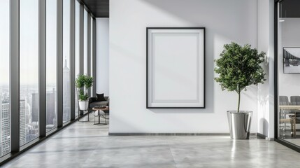 Empty picture frame mockup on a wall vertical frame mockup in modern minimalist interior with plant in trendy vase on wall background, Template for painting, photo or poster