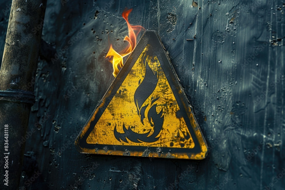 Poster a warning sign with yellow and black colors on a wall, suitable for use in safety-related contexts