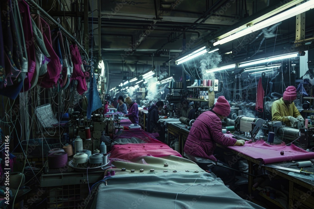 Aufkleber a group of people working together in a factory setting
