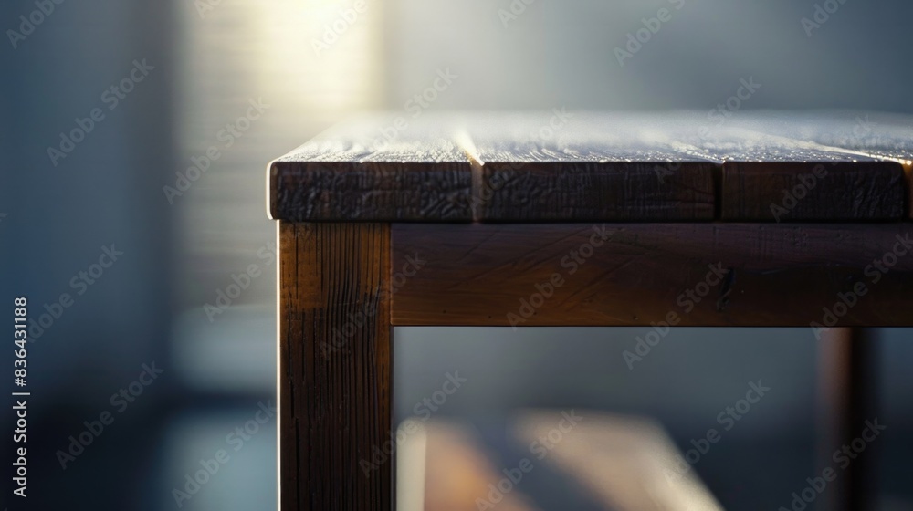 Poster a close-up shot of a wooden table with a blurred background
